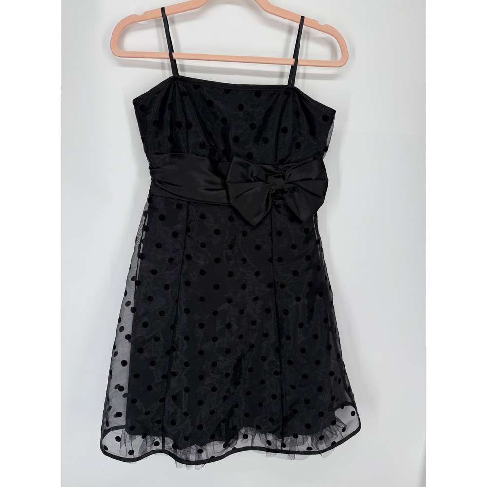 BCX Fit and Flare Dress Womens 7 Black Polka Dot Mesh Bow Cocktail Mini